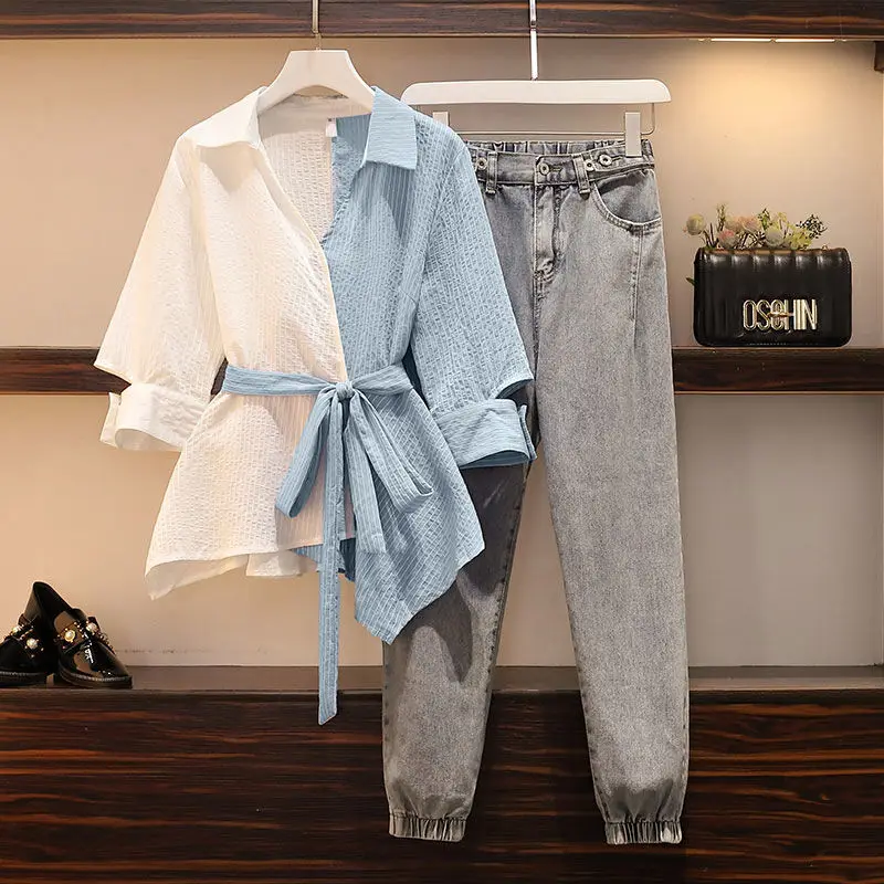

Summer Tracksuit Women Plaid Shirt Patchwork Denim Pant 2 Piece Set Women Pant And Top Plus Size Two Piece Set Top And Pants