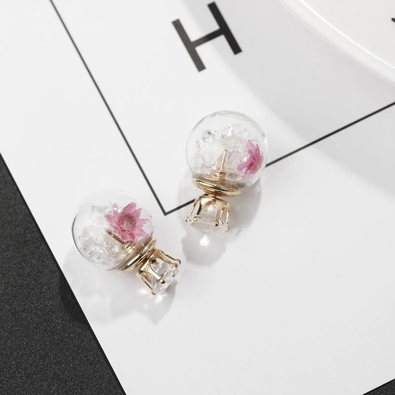 

CALESU Fashion Stud Earrings Double Side Glass Bubble Ear Stud Flower Rhinestone Earring Simple Jewelry For Women DKB255 PR49