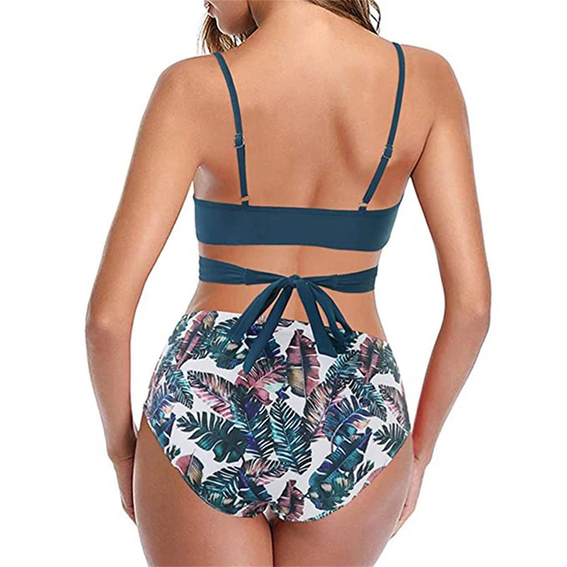 Women Sexy Solid Leopard Bikini Set Two Piece Swimsuit Spaghetti Straps Swimwear Beach Lace Up Drawstring Bathing Suit Biquini