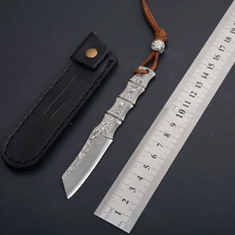 

HYSENSS Small Damascus Bamboo Fixed Blade Knife Outdoor Camping Hunting Tactics Survival Pocket Utility EDC with Leather Sheath