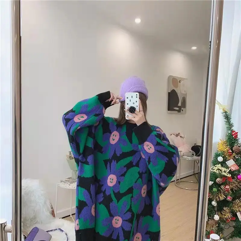 

Autumn Winter Women Lazy Style Oversized Pullover Sweater Jacquard Flowers Knitting Top Thicken Mid-length TT0912