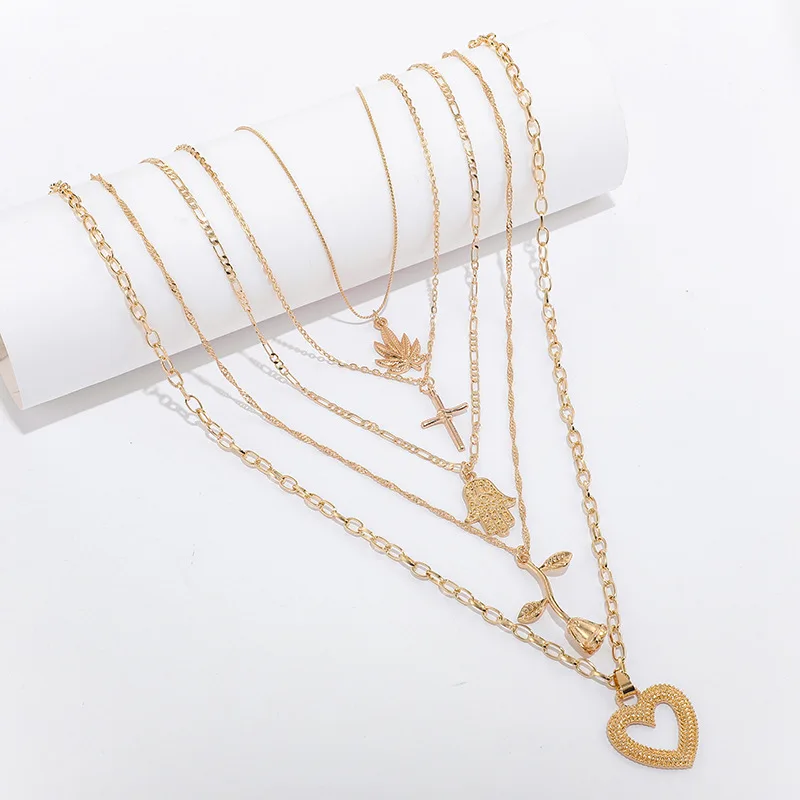 

Multi-Layer Women's Cross Palm Rose Pendant Necklace