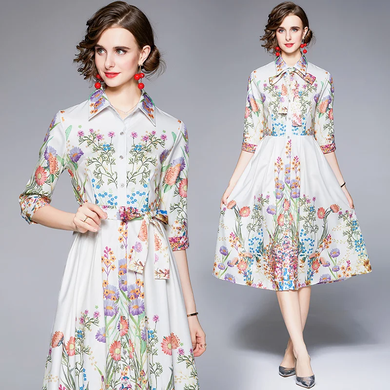 

Simgent Long Sleeve Blouse Dress Women Print A Line Elegant Midi Long Vintage Dresses Vestidos Robe Femme Jurken SG17311