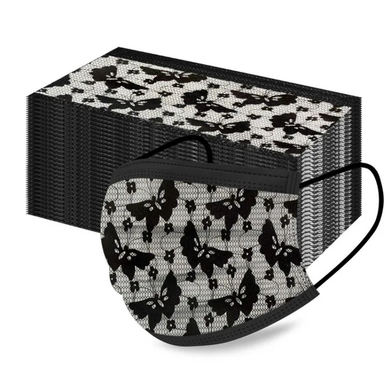

NEW 10-500pcs Adult Black Lace Filter Disposable Face Mask Printed Butterfly Pattern Three-layer Melt Blown Cloth Mascarillas