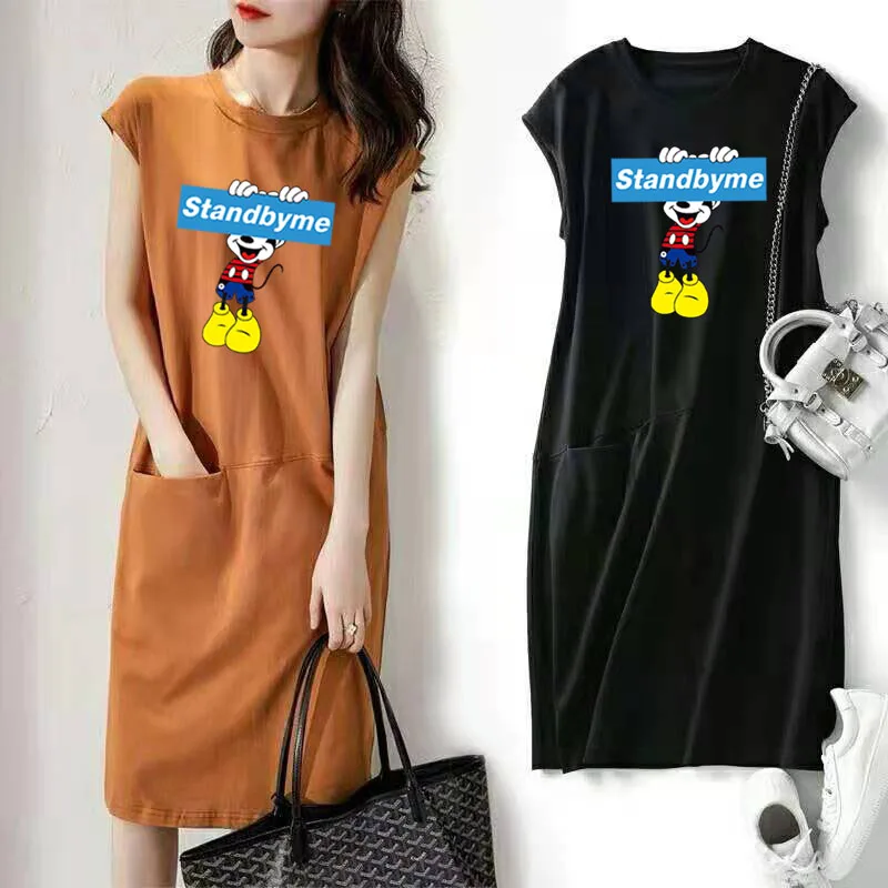 

Disney Casual Summer Women Dress 2021 Korean Fashion Mickey Mouse Letter Print Loose Midi Sundress Elegant Streetwear Vestidos