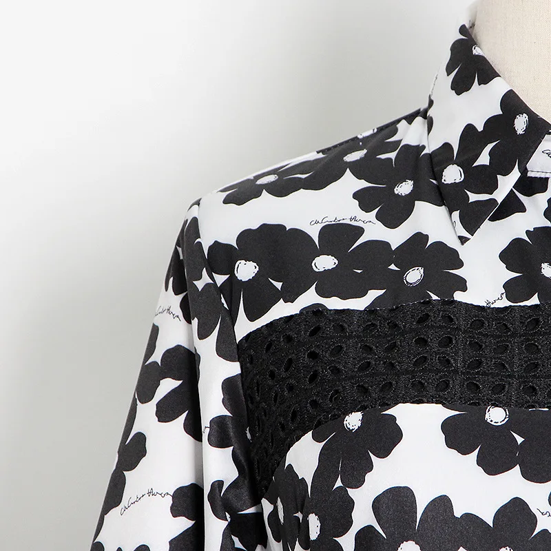 

Women Autumn Shirt Dress Floral Print Contrast Color High Waist Maxi Dress
