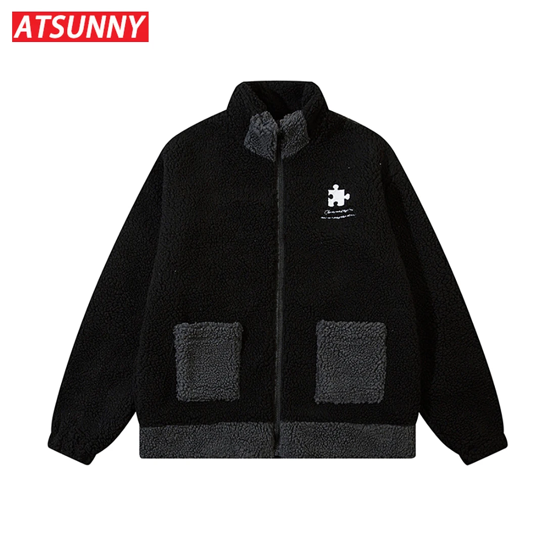 ATSUNNY Fashion Harajuku JacktOversize Casual Black Lamb Wool Autumn and Winter Thicken Man Clothes Streetwear Men Winter Coat