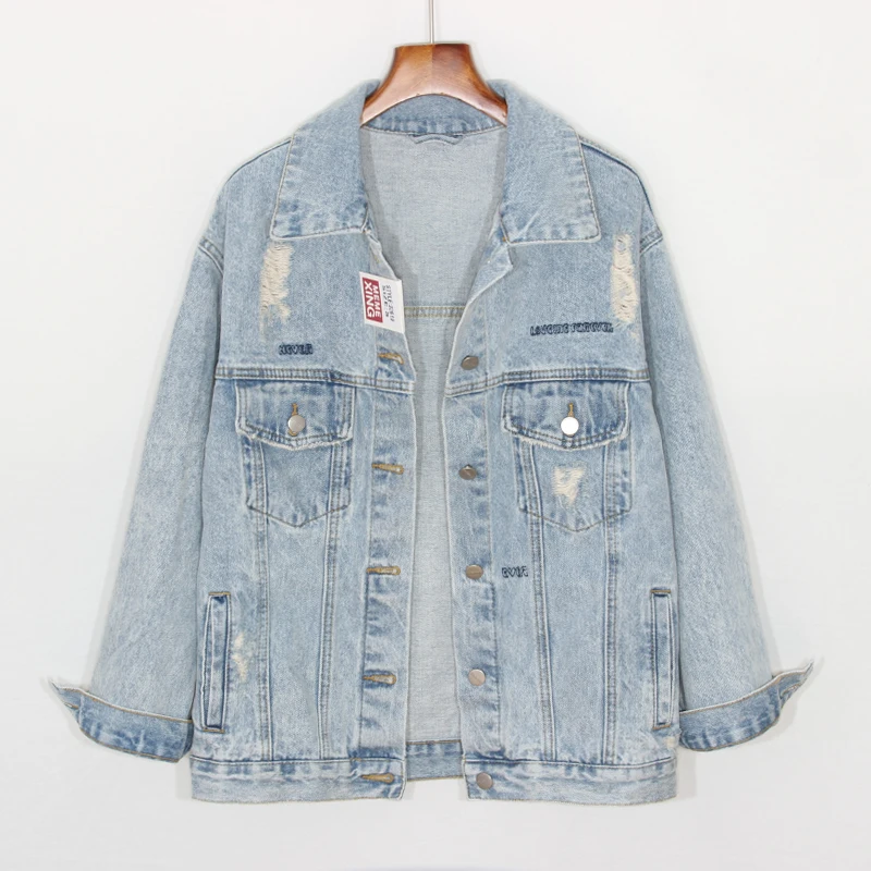 

Осенняя Корейская джинсовая куртка с вышитыми надписями, пальто, женская верхняя одежда, повседневные свободные короткие джинсовые куртки ...