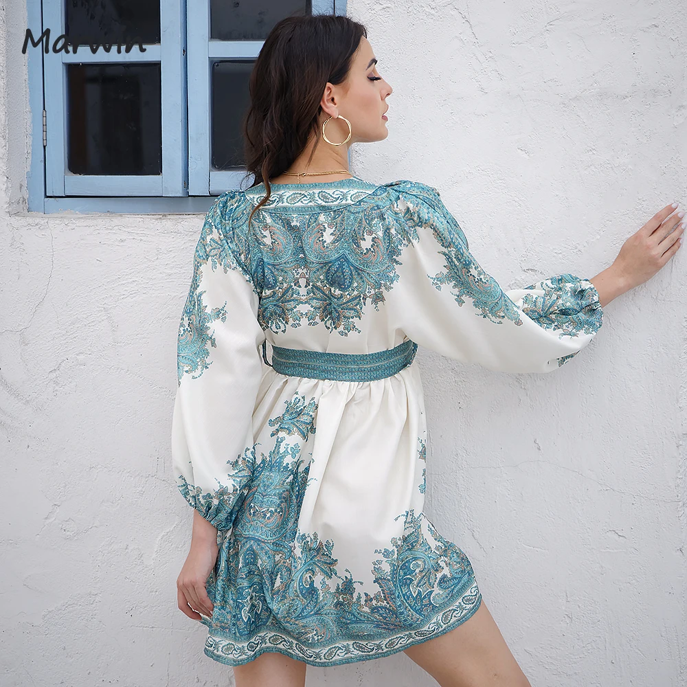 

Marwin Simple Casual Floral V-Neck Puff Sleeve With Belt Holiday Style High Waist Knee-Length Summer Dresses NEW Vestidos
