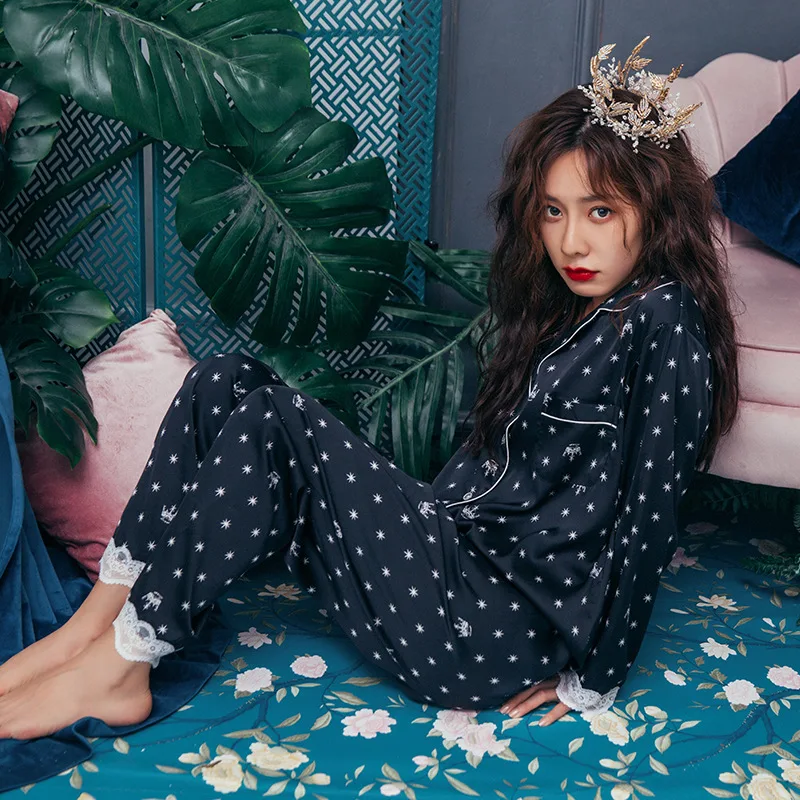 

Print Fashion Women Pajama Set Sweet Lace Cuff Trousers Long Sleeve Suit Pyjamas