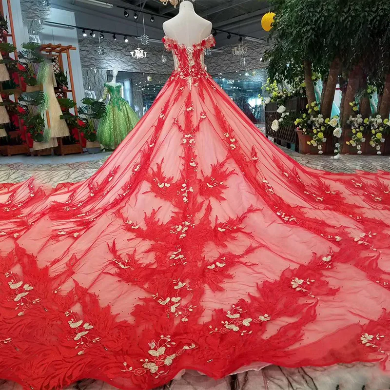 LSS138 bridal wedding party dresses red off the shoulder sweetheart evening long with train celebration | Свадьбы и торжества