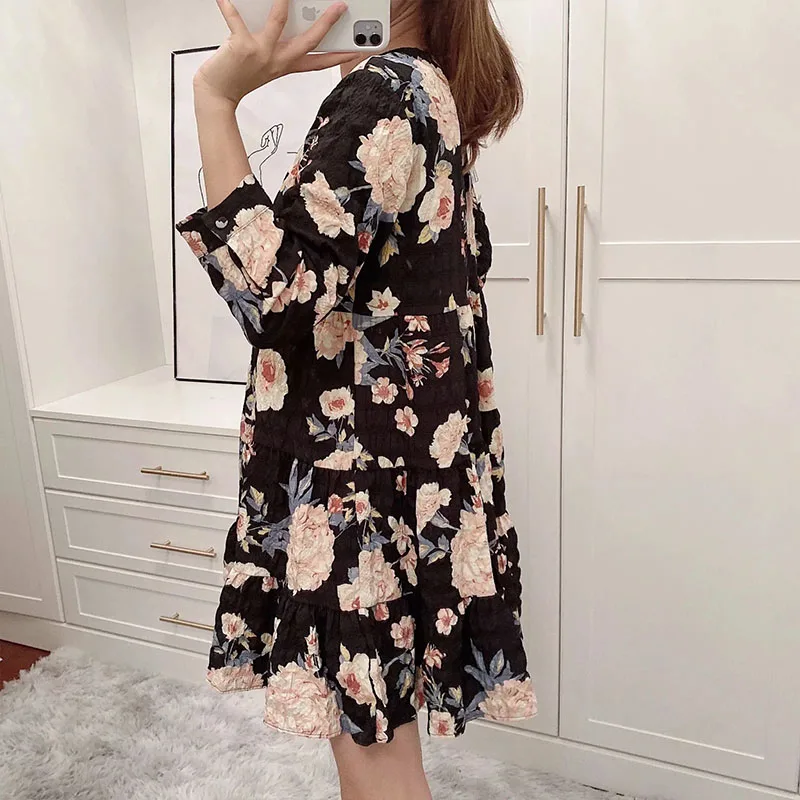 

COZARII Za Dress Women 2020 Autumn Chic Fashion Flower Print O Neck Vintage Long Sleeve Mini Dresses Female Vestidos Mujer