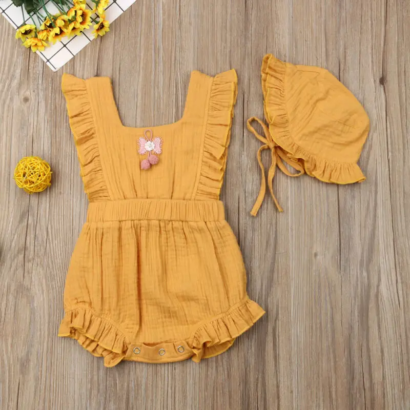 

Newborn Toddler Baby Girl Clothes Fashion Solid Bubble Cotton Trousers Sleeveless Jumpsuit Bodysuit + Sunhat Outfit Clothes
