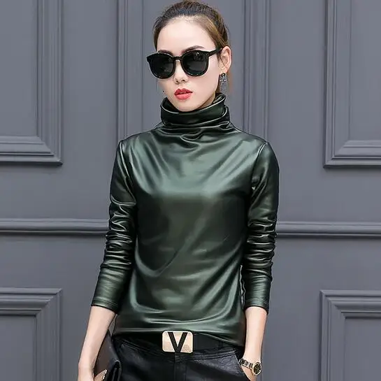 Осень зима 2020 Теплые Топы футболка из искусственной кожи женская с длинным