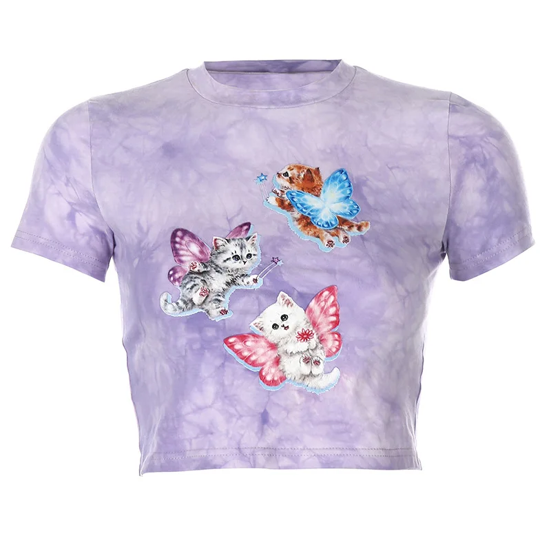 

2021 Vintage Summer Casual Cat Print Cute Crop Top T Shirt Fashion Tie Dye Print Short Sleeve T-Shirts Ladies Purple Streetwear