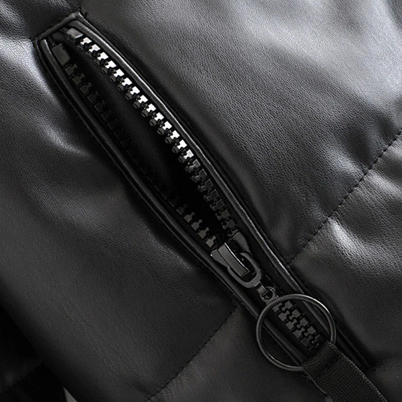 Женская куртка из искусственной кожи с капюшоном черная теплая на молнии длинным