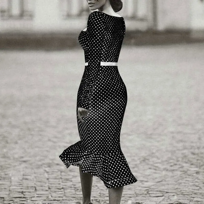 Женское вечернее облегающее платье в горошек Черное длинное пикантное с