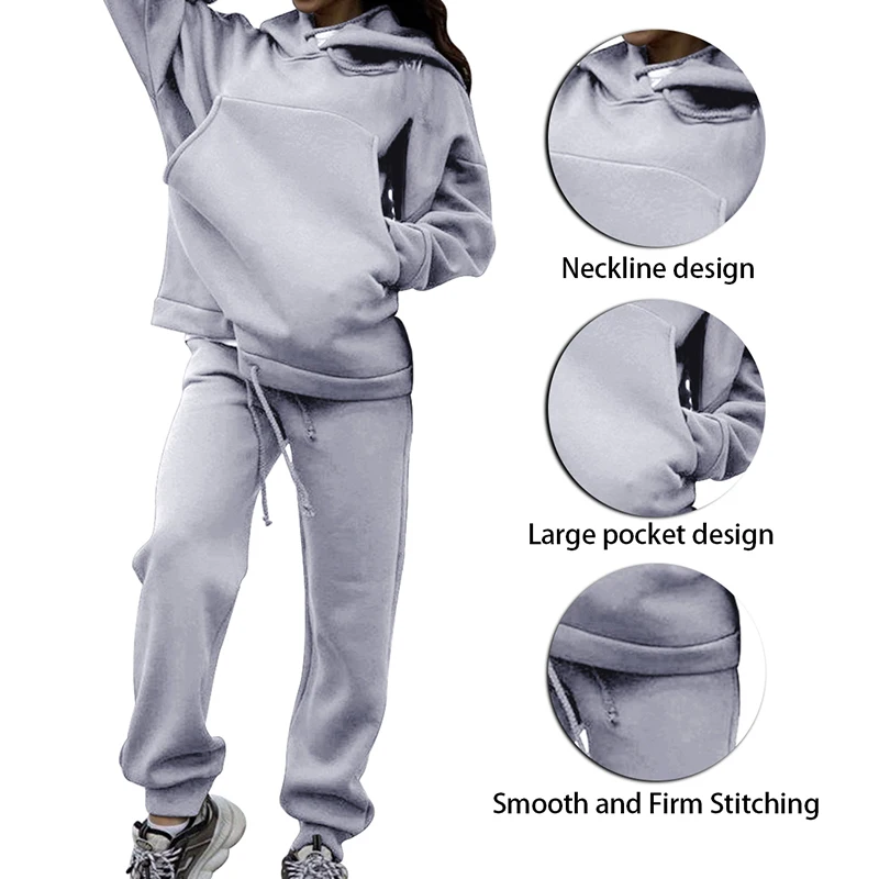 

New Autumn And Winter Women Tracksuit Fashion Big Pocket Solid Color Hoodie Suit Women's Casual Two-piece Suit