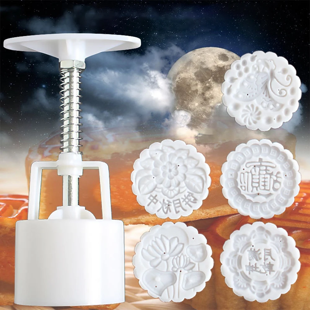

Moon Cake Mold Stamp Mid Autumn Festival DIY Hand Press Flower Mould Baking Tool White ABS+Stainless Iron Kitchen Accessories