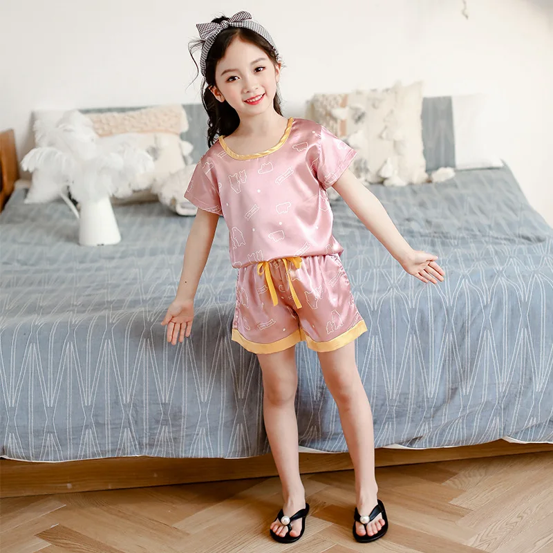 Summer Kid Clothes Cartoon Children Pajamas Set Boys Silk Homewear Suit Baby Girls Sleepwear Pyjamas Kids Pijamas Satin Lounge