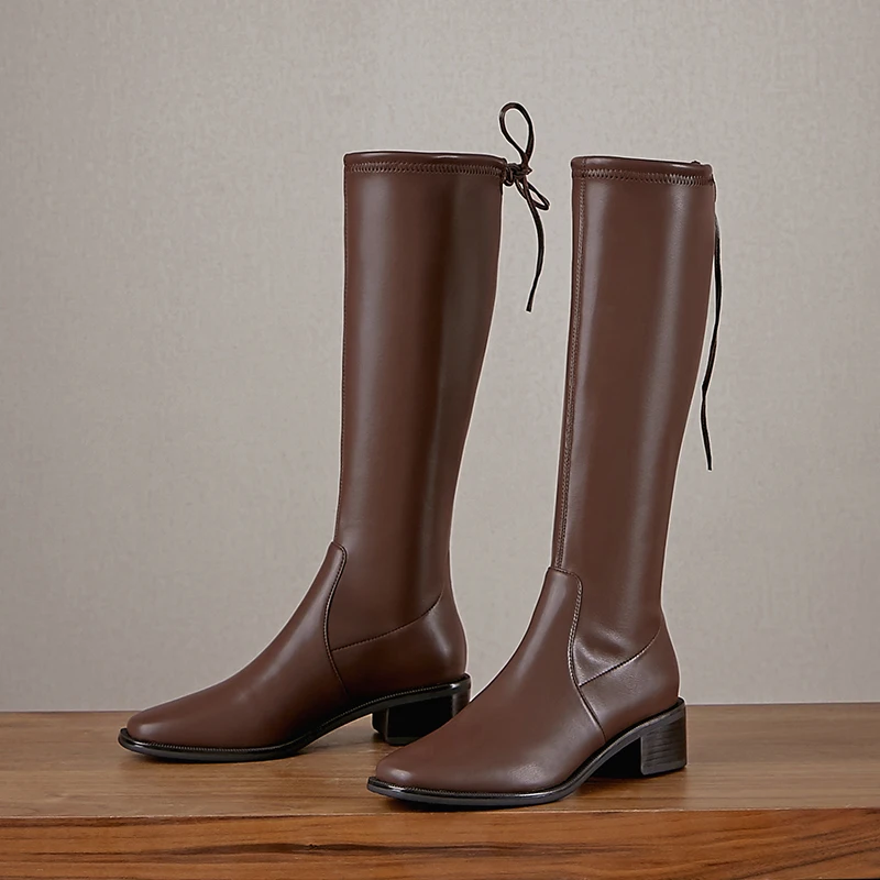 

New style Knee-high boots Genuine leather Women boots Motorcycle boots warm Female boots winter stretch Women shoes 100% cowhide