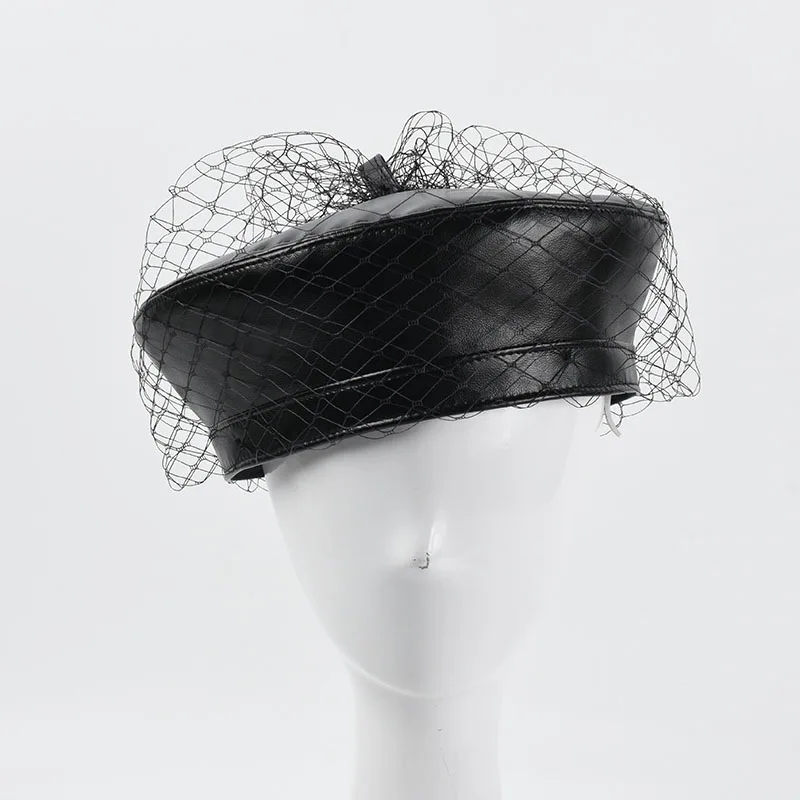 

Black Beret Hats For Women Sweet Beanie Artist Berets Fashion Hat Street British Retro Mesh PU Leather Painter Cap