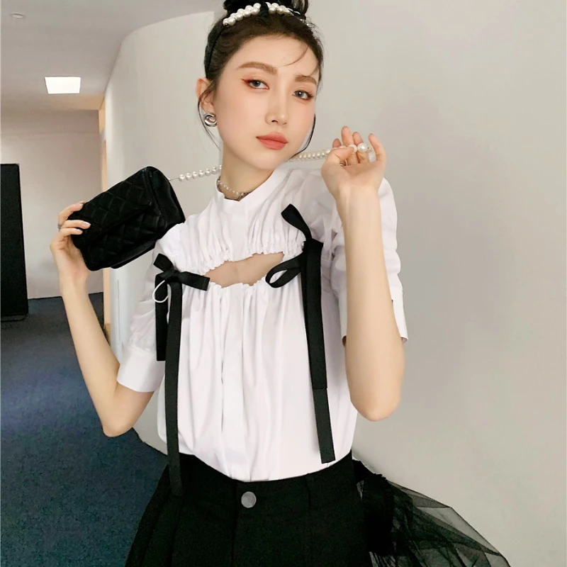 

Kimotimo Women Two Piece Set Summer Ins Half Sleeve Shirring Bow Hollow Shirt + Black Mesh Patchwork Shorts Fashion Office Lady