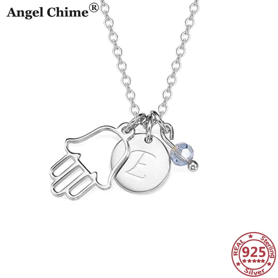 

AC 925 пробы серебряный Хамса рука персонализировать письмо круглое гравировка ожерелье с зодиакальным камнем кулон ожерелье Подарок на юбил...