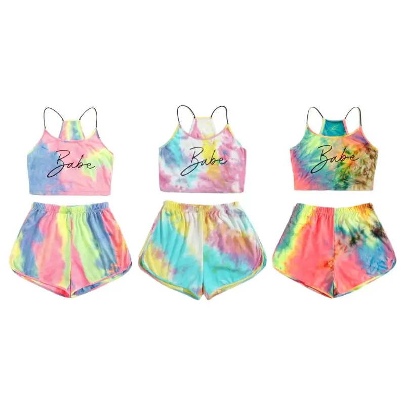 Women Tie-Dye Letter 2 Piece Set Gradient Rainbow Cami Crop Top Shorts Tracksuit F42F