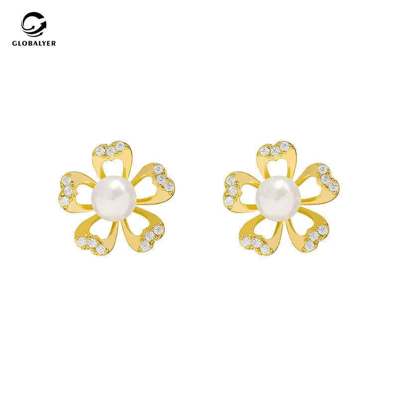 Новые не аллергические серьги с жемчужинами и цветами женские золотыми полыми