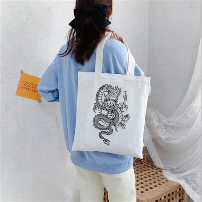 

Harajuku Punk Ladies Shopping Bag Canvas Tote Bags Women Eco Reusable Shoulder Shopper Bags Hip Hop Dragon Graphic Casual Bags