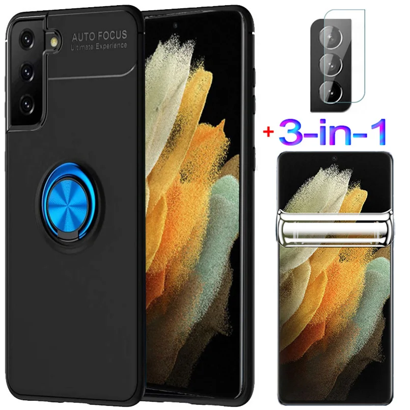 

3-in-1, case+hydrogel film for samsung s21+ magnetic ring silicone phone cases s21 plus galaxy s 21 cover samsung s21 ultra case