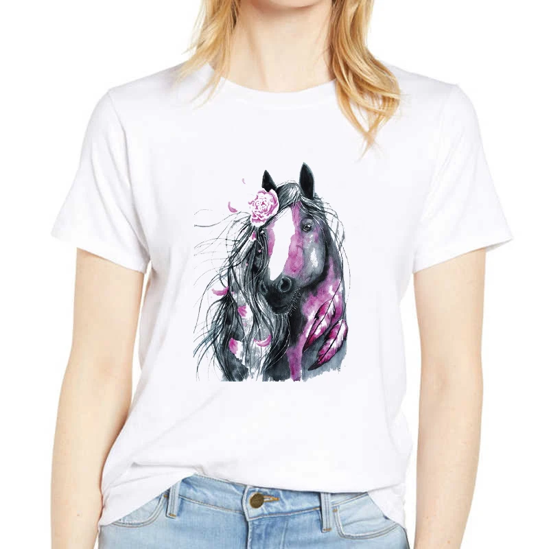 

Colorful horse Women Tshirt Fashion Trend Cute female T-shirt Graphic Printed White T shirt Casual Harajuku O-Neck Ladies Tshirt