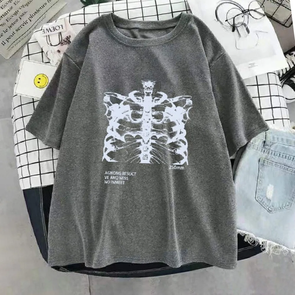 

New Hip Hop Summer Short Sleeve Streetwear T-shirt Skeleton Print Vintage Clothes Tshirt Shirt Diary Punk Shirt Oversized Tops