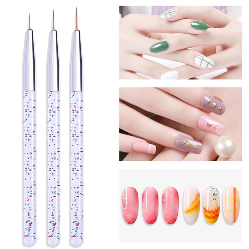 

3PCS Nail Art Liner Drawing Pen Set Brush Crystal Acrylic Rod Nylon Bristles Thin Liner Drawing Pen Nail Art Manicure Tool Set