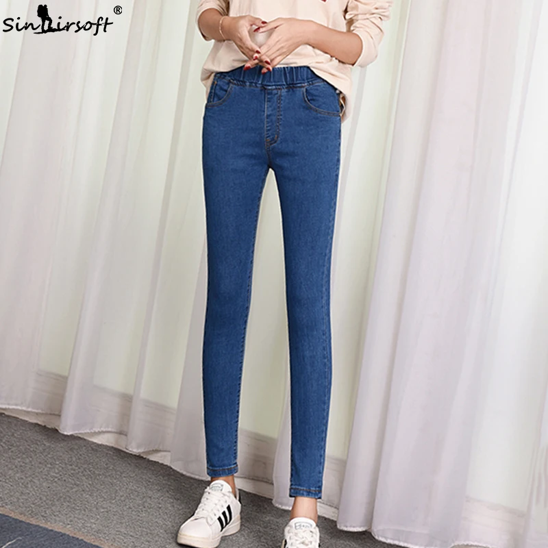 Модные трендовые повседневные большие размеры эластичные высокая талия джинсы