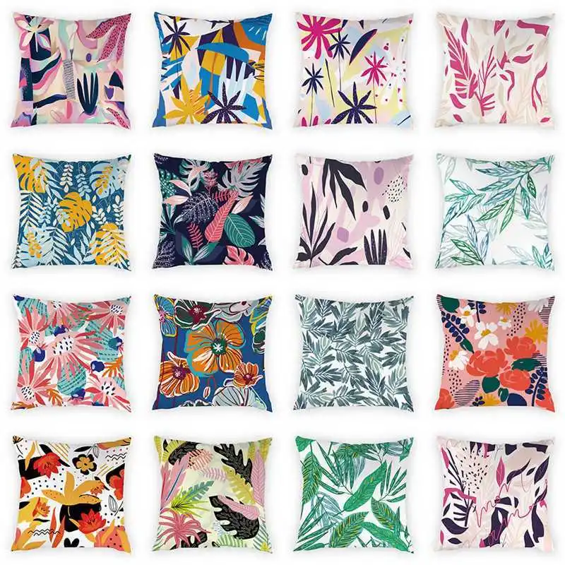 

Plant Print Cushion Cover Flowers Pillowcase Green Leaf Pillow Cases Home Decorative Peach Skin Car Sofa Cushion Cover