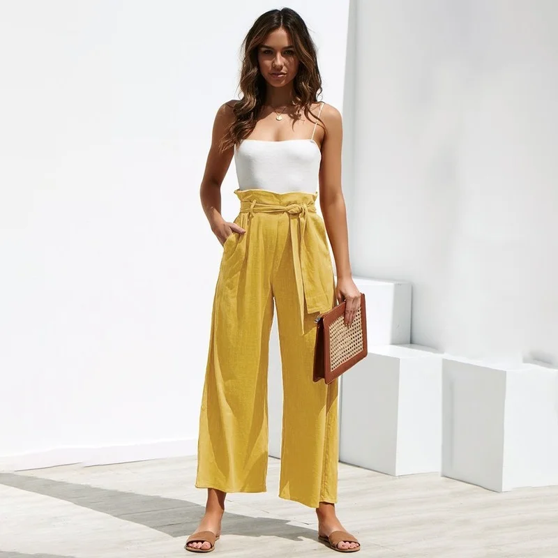

Pants for Women Casual Cotton Wide Leg Pant High Waist Loose Office Trousers Summer Autumn Band Palazzo Female Dropshipping