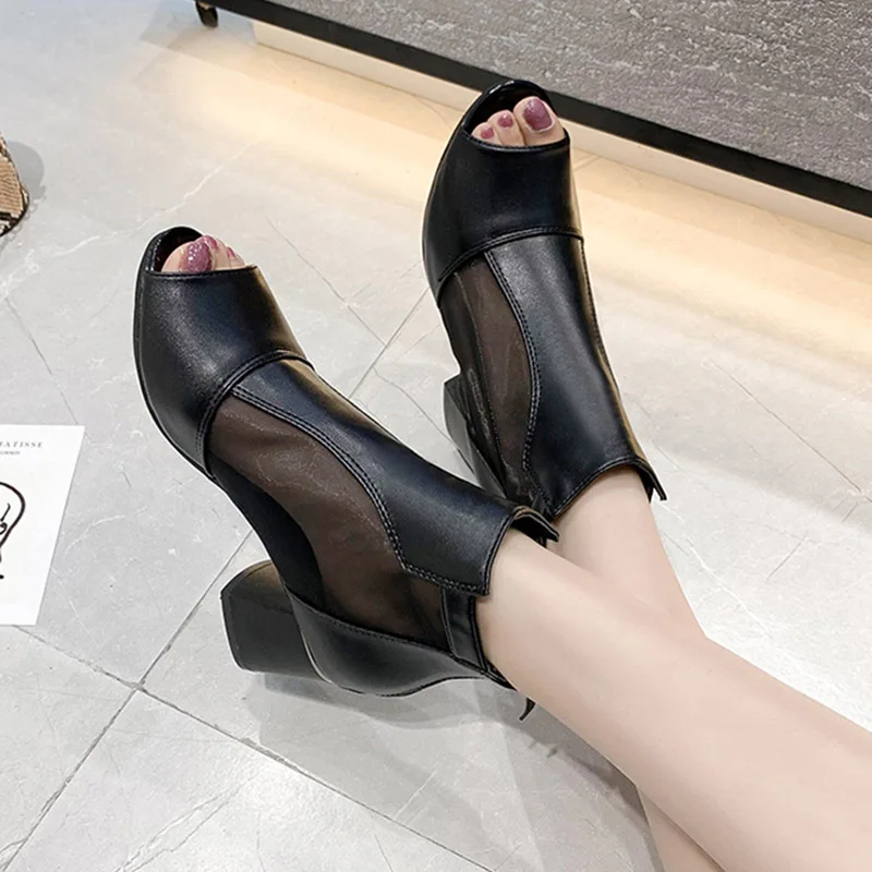 

Gladiator Sandals 2021 Summer Mesh High Heels Dress Shoes Peep Toe sandalias botas Black Open toe Ankle Boots Breathable 9063G
