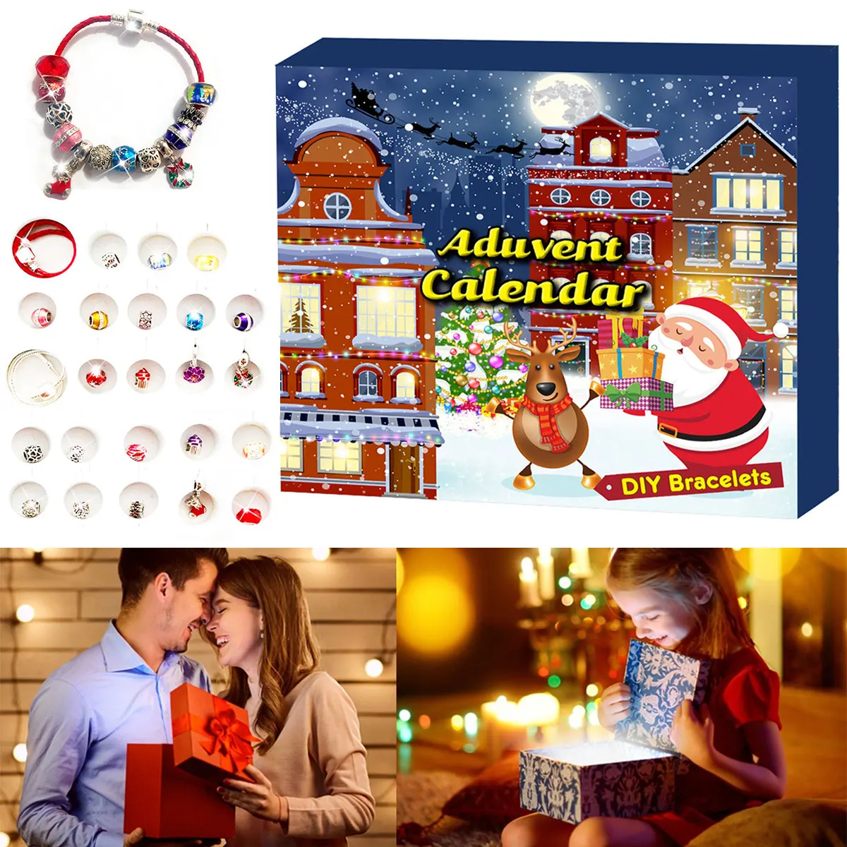 

Браслет с подвеской «сделай сам», календарь с обратным отсчетом, 24 дня, комплект украшений с сюрпризами, Подарочная коробка на Рождество для...