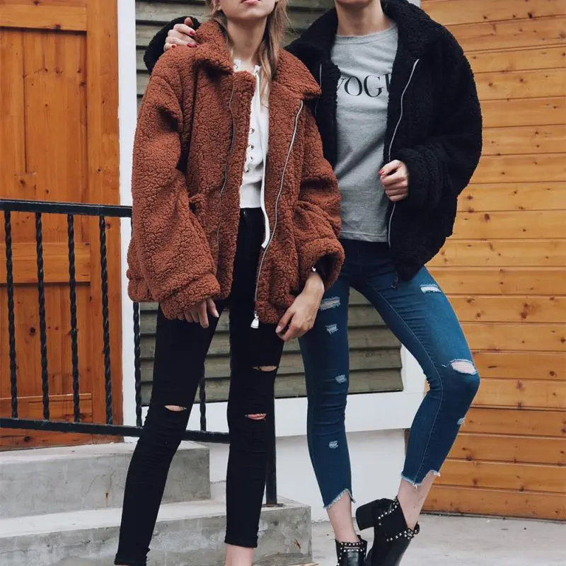 

2019 Autumn Winter Women Elegant Faux Fur Coat Warm Soft Zipper Fur Jacket Female Plush Overcoat Pocket Casual Teddy Outwear