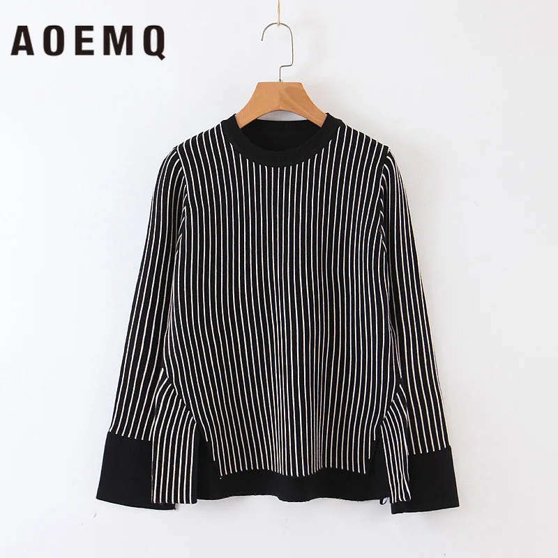 AOEMQ Sweaters Shirts Black Striped Simple Shirt Bow-Sweater Loose Coffee Office Lady Wear Winter Sweater Women Clothing | Женская