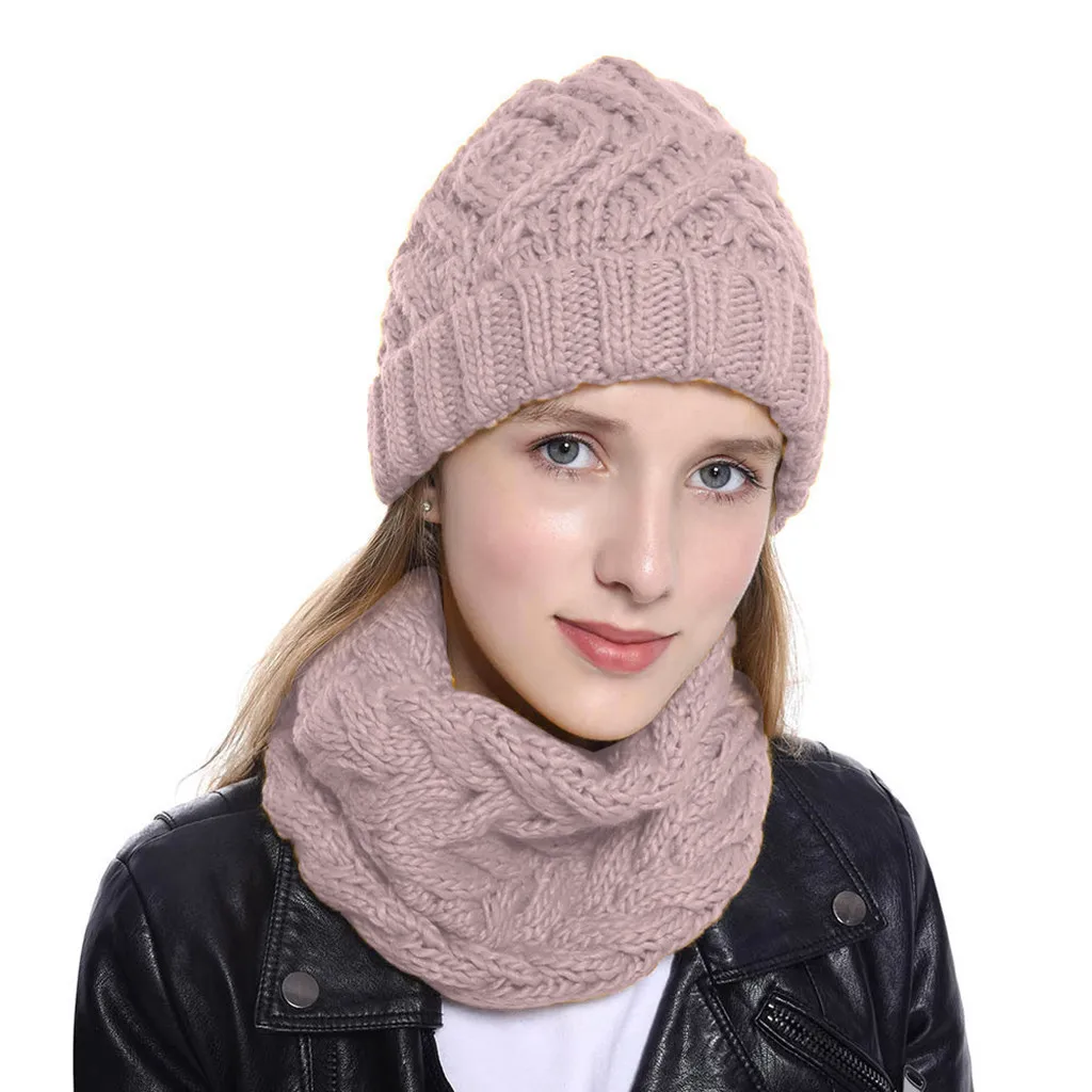 23hat and scarf Шапка и шарф 2019Top Женская двухсекционная однотонная вязаная шапка сохраняющая тепло шейный платок зимняя шапка - Цвет: 23hat and scarf