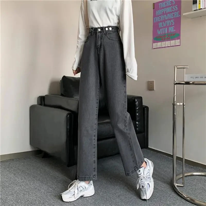 

Джинсы Женские однотонные с пуговицами, базовые прямые мешковатые брюки с завышенной талией, винтажная уличная одежда из денима с широкими ...