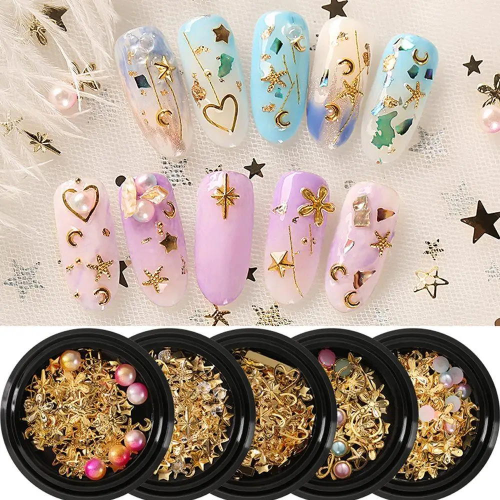 6 коробок Луна Звезда 3D украшения для ногтей разные размеры плоская задняя