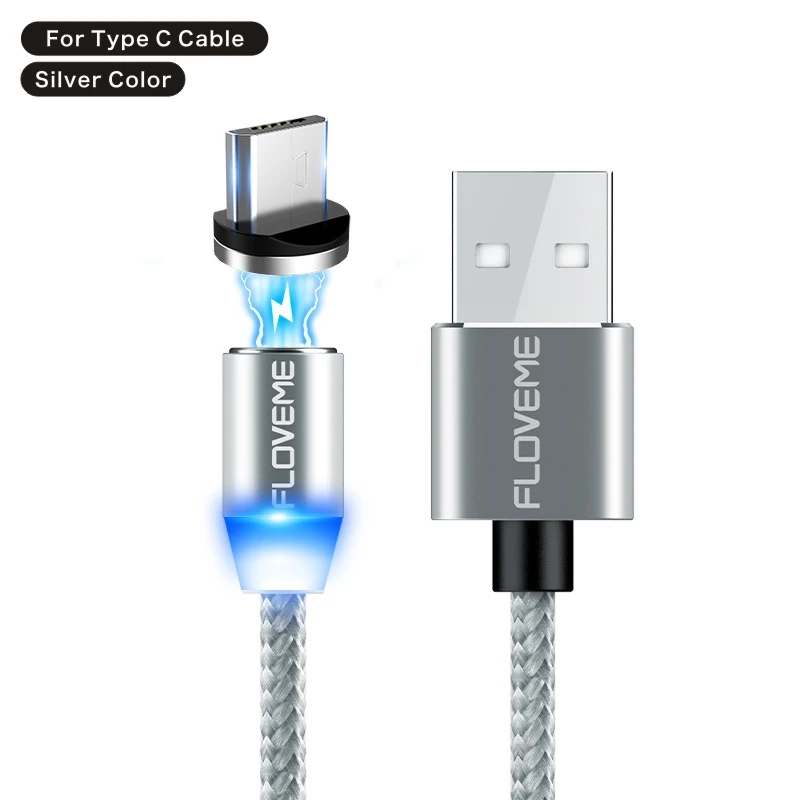 FLOVEM Магнитный кабель Micro usb type C USB-C кабель 1 м 2 м светодиодный короткий usb кабель для зарядки магнитное зарядное устройство круглый разъем для iPhone XR - Цвет: For Type-C Silver