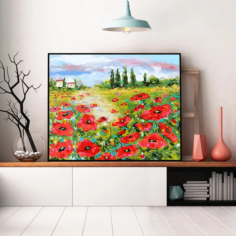 Картина с красными цветами по номерам красная Поппи закат Трава Пейзаж ручной