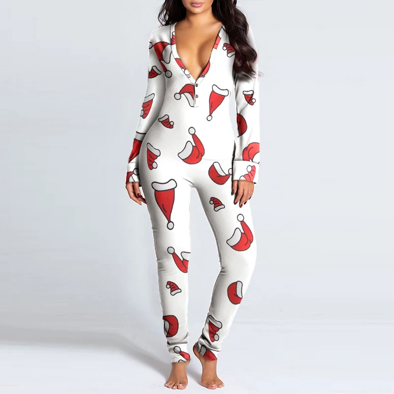 

Autumn Women Christmas Print Jumpsuit Sexy Deep V-Neck Hip Button Bodysuits Lady 2021 Spring Elegant Long Sleeve Romper Playsuit