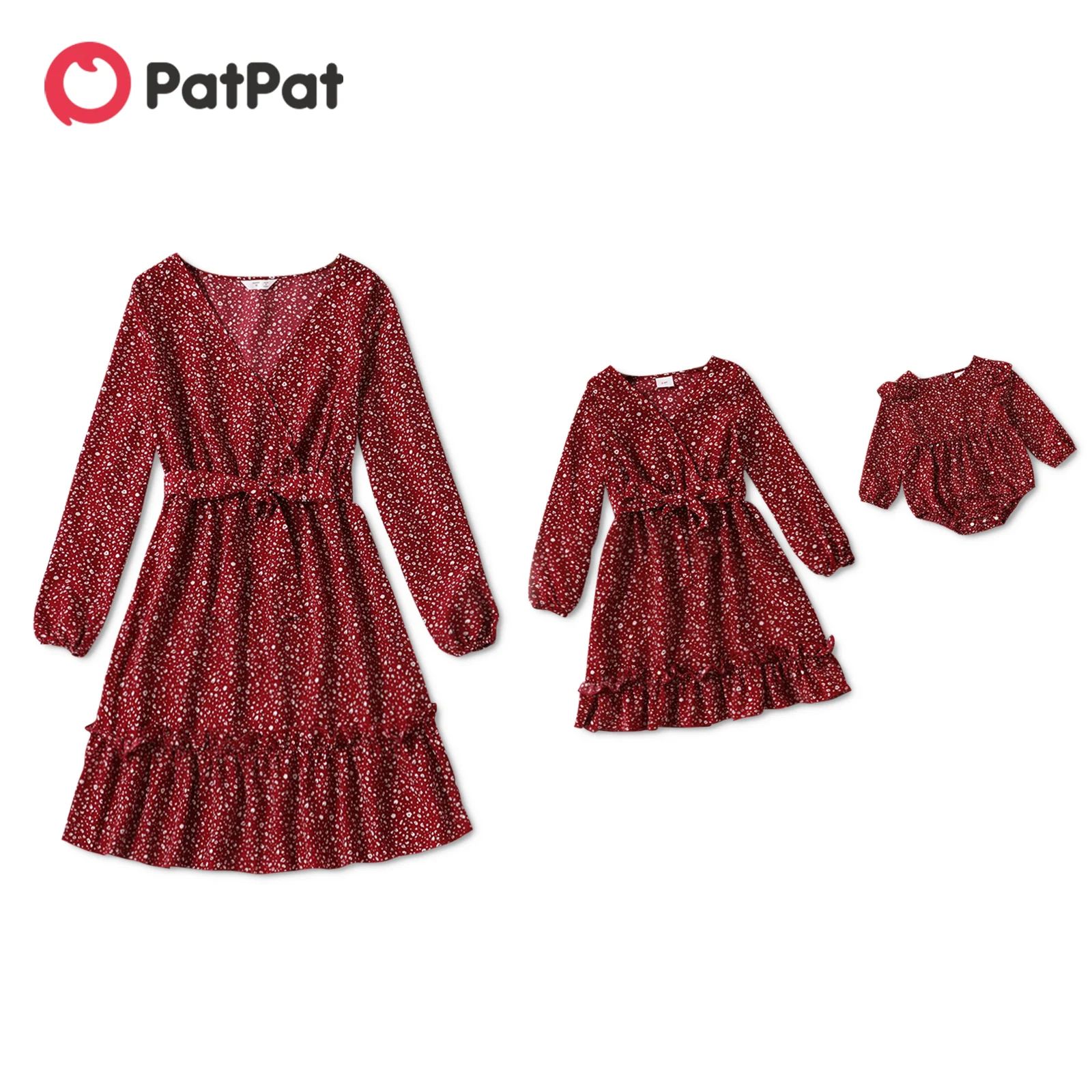 

PatPat Red Leopard Cross Wrap V Neck Long-sleeve Belted Dress for Mom and Me