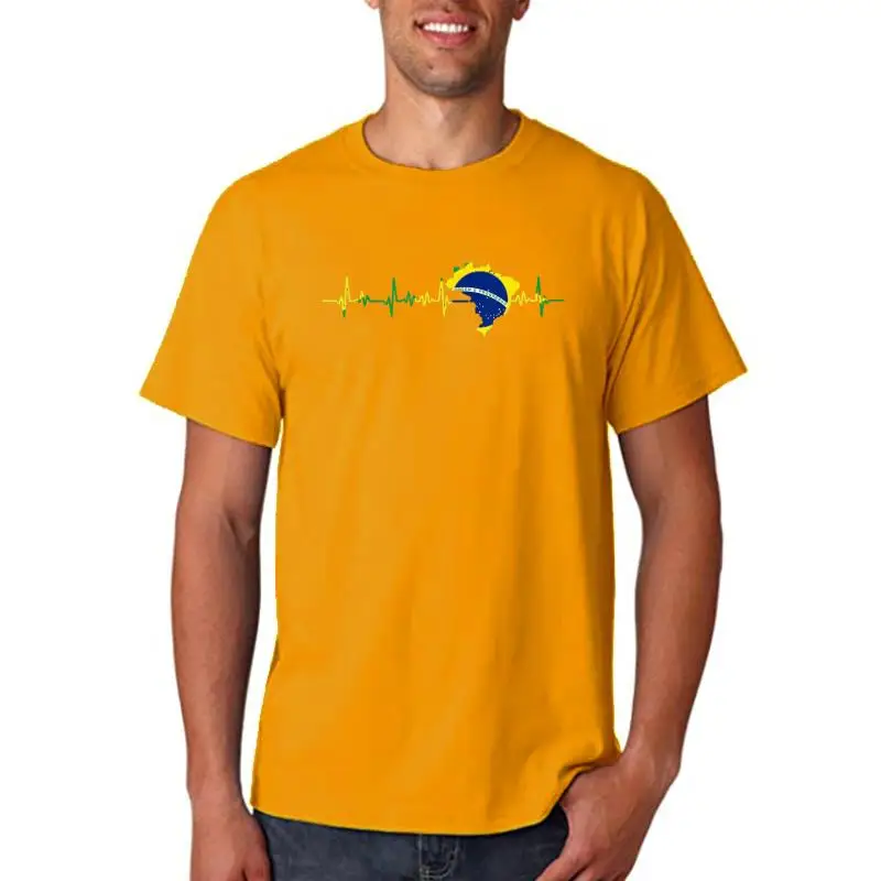 

Brazil Flag Heartbeat Brasil Men T-Shirt 100% COTTON O-Neck Men Clothing